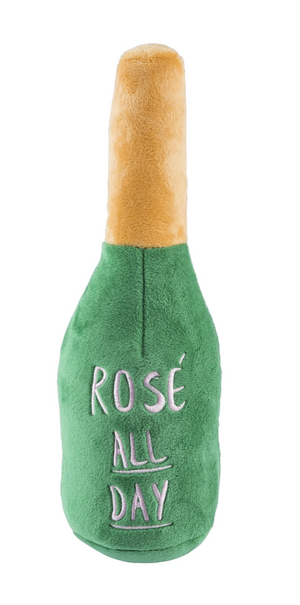 Sentence with replaced product:
Haute Diggity Dog Woof Clicquot Rose Champagne Bottle Dog Toy, Small in the shape of a wine bottle with "Woof Clicquot Rose'" embroidered on it.