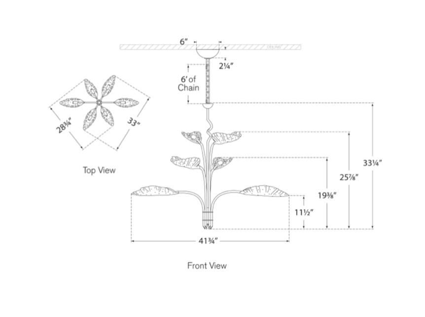 The technical drawing of the Dumaine Pierced Leaf Brass Chandelier by Visual Comfort in antiqued-burnished brass shows top and front views with dimensions. The top view features a six-arm design with E12 candelabra sockets, while the front view provides height and width measurements.