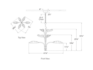 The technical drawing of the Dumaine Pierced Leaf Brass Chandelier by Visual Comfort in antiqued-burnished brass shows top and front views with dimensions. The top view features a six-arm design with E12 candelabra sockets, while the front view provides height and width measurements.