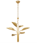 The Dumaine Pierced Leaf Brass Chandelier by Visual Comfort features a gold, leaf-patterned design with a hanging chain in exquisite antiqued-burnished brass. It accommodates an E12 Candelabra bulb, marrying elegance and function.