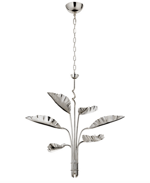 The Visual Comfort Dumaine Pierced Leaf Nickel Chandelier features five metallic, leaf-shaped arms in polished nickel with E12 candelabra sockets, suspended by a chain from the ceiling.