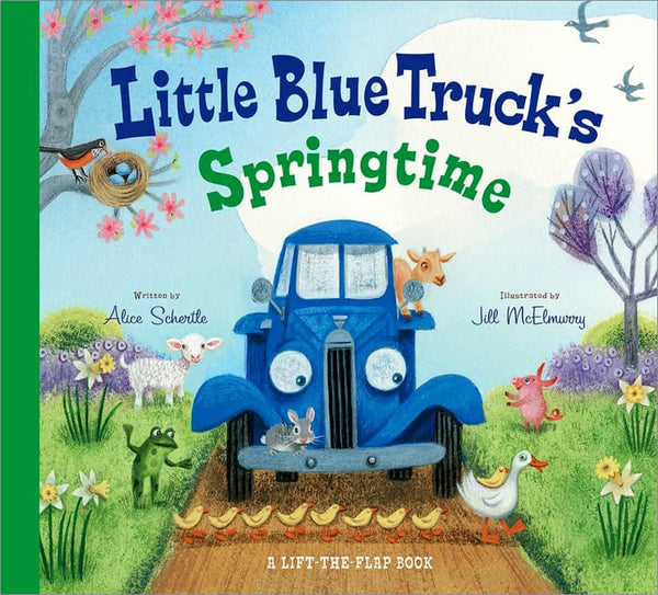 Cover of "Little Blue Truck Springtime," a novelty board book featuring an illustrated blue truck surrounded by happy baby animals and spring flowers by Common Ground.