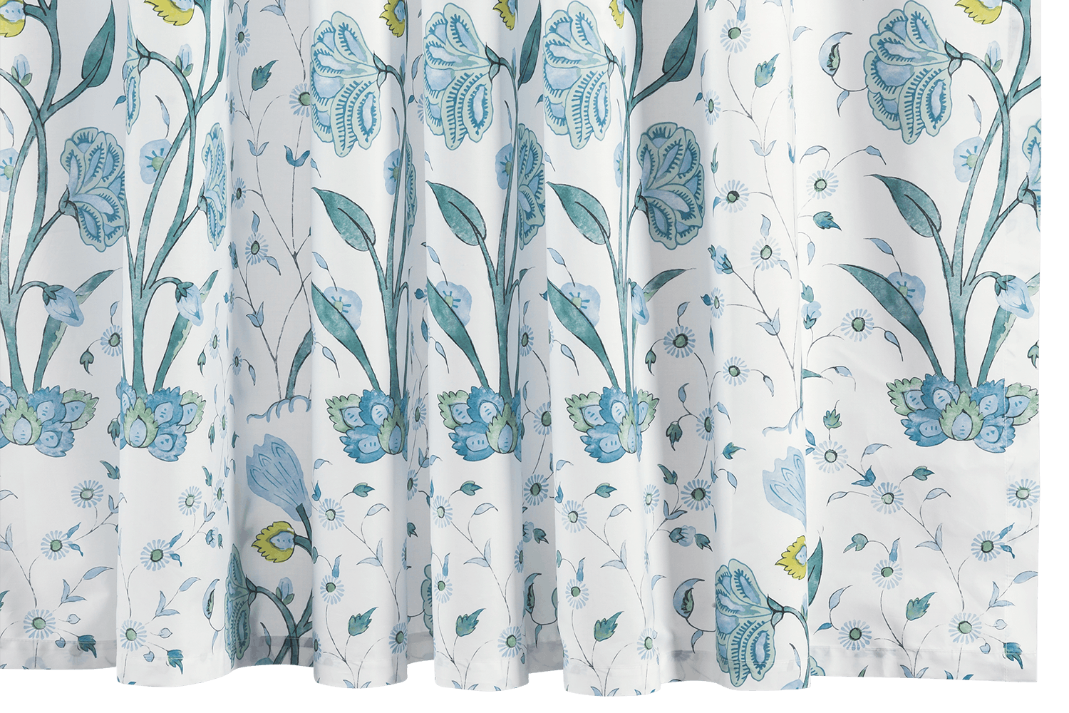 Introducing the Matouk Schumacher Blue Khilana Shower Curtain, a floral-inspired masterpiece crafted from luxurious cotton percale. This exquisite piece features curtains adorned with a botanical pattern of blue and yellow flowers with vibrant green leaves.