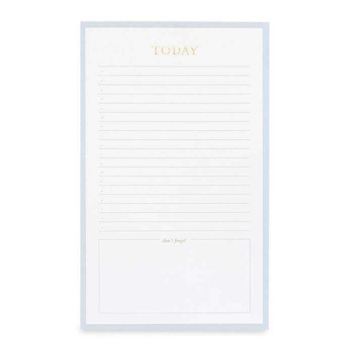A Sugar Paper "Today Pad, Blue" daily planner page with gold foil lines for tasks and a "don't forget" section at the bottom.