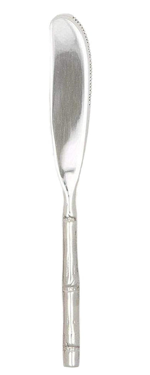 The Liliana Polished Silver Bamboo Cheese Spreader by Blue Pheasant features a rounded tip, slightly serrated edge, and bamboo-inspired handle for a touch of island style and casual sophistication at your table.