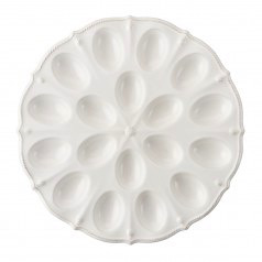 Juliska Berry & Thread Deviled Egg Platter Whitewash with scalloped rim and twelve depressions for oysters, isolated on a white background.