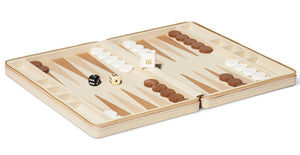 The Aerin Enzo Backgammon Travel Set in Fawn features an open board with brown and white checkers, dice, and doubling cube on a luxurious Napa leather lining.