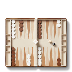 The Aerin Enzo Backgammon Travel Set in Fawn features Italian croc-embossed leather, a napa leather lining, brown and white checkers set for a new game, two dice, and a doubling cube in the center.