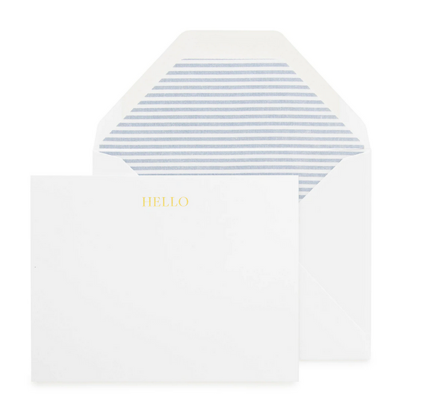 The Sugar Paper Ticking Stripe "Hello" Note Set features a white card adorned with the word "HELLO" in elegant gold foil lettering, complemented by an open white envelope lined with blue and white stripes. This charming set is a delightful addition to any note collection, showcasing exquisite letterpress printing techniques.