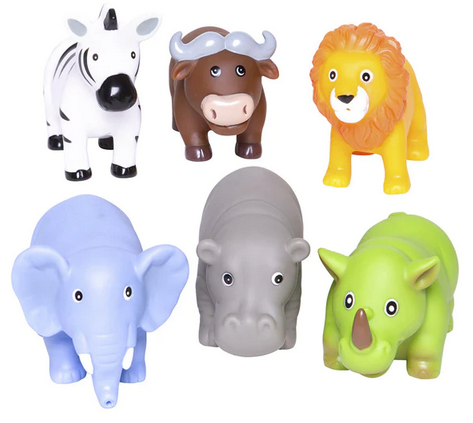 Six Elegant Baby Jungle Party Bath Toys including a zebra, yak, lion, elephant, hippopotamus, and triceratops, arranged in two rows on a white background.