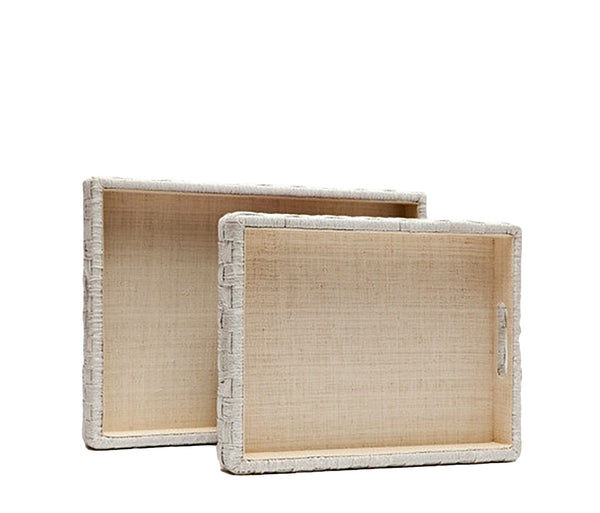 Two White Rope and Raffia Trays, Small from Made Goods for shipping, measuring 16" x 12" x 2", on a white background.