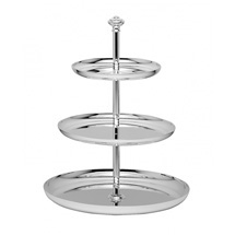 The Christofle Albi Silver Plated Three-Tier Dessert Stand features a central handle and offers elegant display for desserts, pastries, or appetizers.