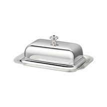 The Christofle Albi Silver Plated Rectangular Butter Dish features a lid with a knob handle and matching tray, adding refined charm to your tableware collection.