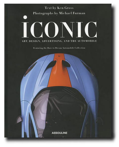 Cover of the Assouline book "Iconic: Art, Design, Advertising, and the Automobile" featuring a top view of a blue and orange supercar. Text by Ken Gross, photographs by Michael Furman.