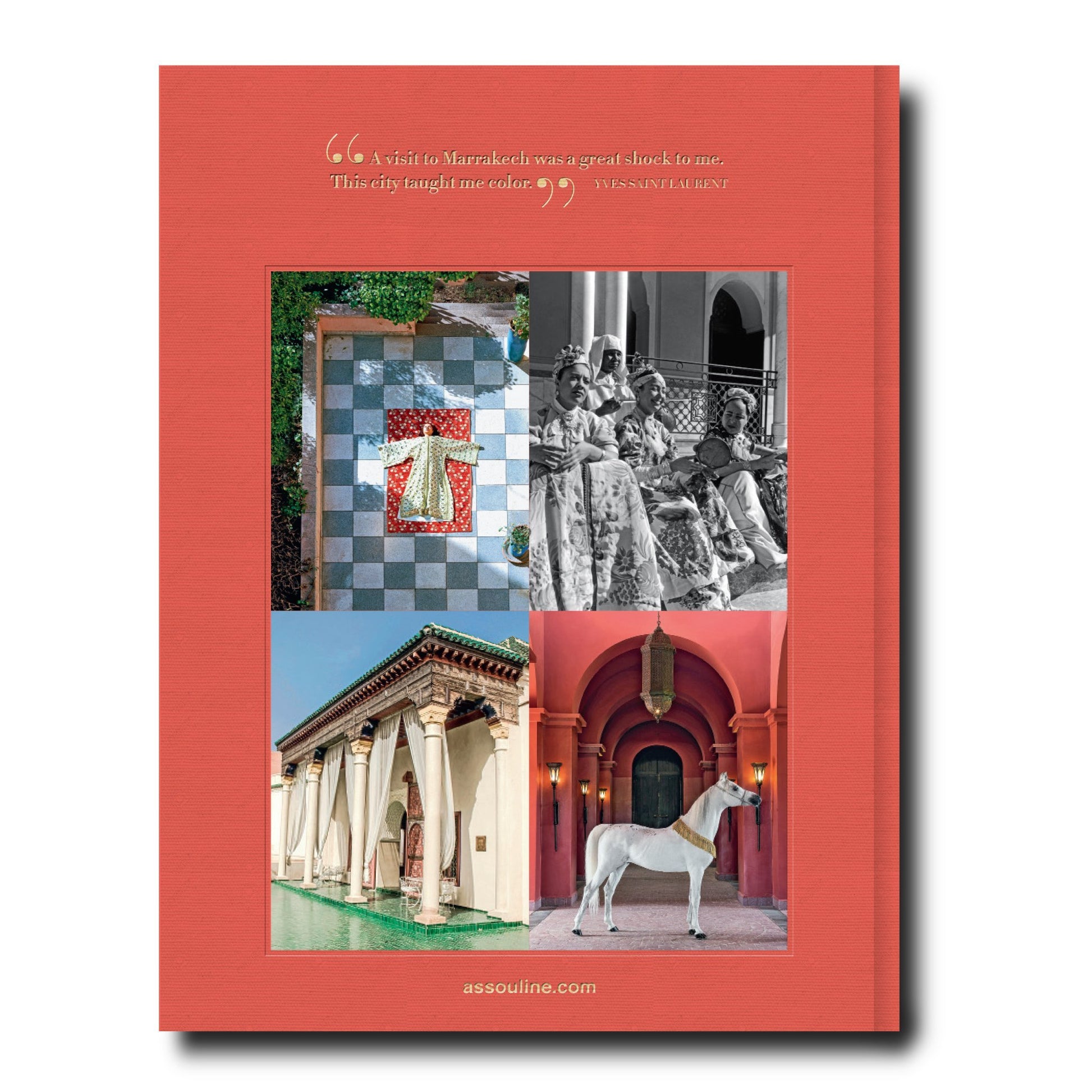 A Marrakech Flair book cover featuring assorted images of Marrakech culture, including architecture, a horse statue, and historical photographs of people by Assouline.