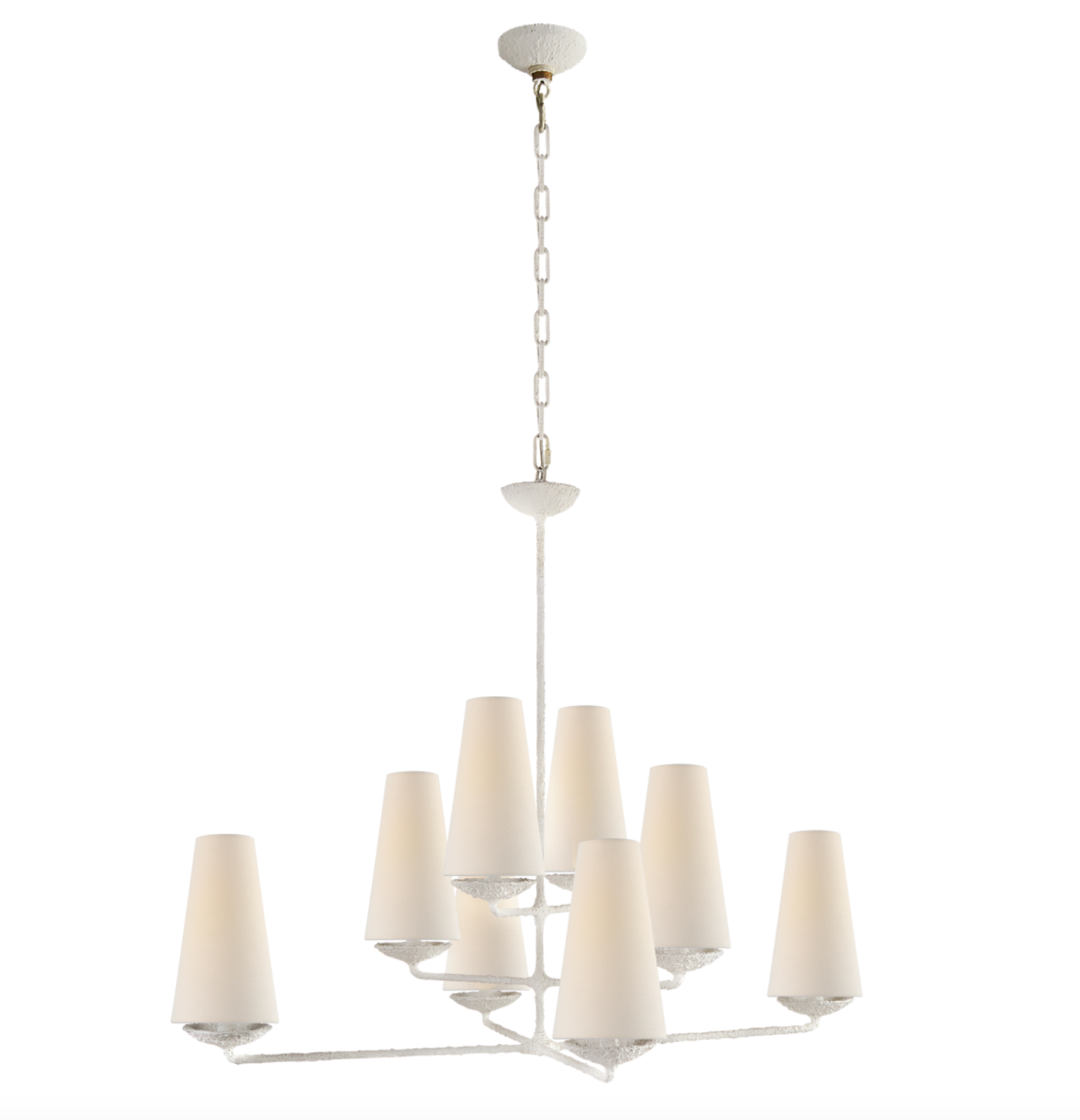 An elegant Fontaine Large Offset Chandelier from Visual Comfort with a polished silver frame and nine frosted glass lampshades arranged in multiple tiers, compatible with E12 candelabra bulbs.