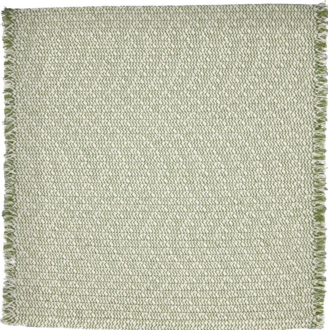 The Tweed Fringe Square Placemat Set by Deborah Rhodes features a light green and off-white woven design with fringed edges—ideal as an accent piece or paired with matching table mats.