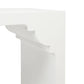 Close-up view of a corner of a white minimalist table with curved detailing underneath the tabletop, reminiscent of the Felton Designer White Console in Faux Jute by Made Goods.