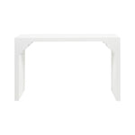 The Made Goods Felton Designer White Console in Faux Jute features a minimalistic design with straight legs and subtle crown molding.