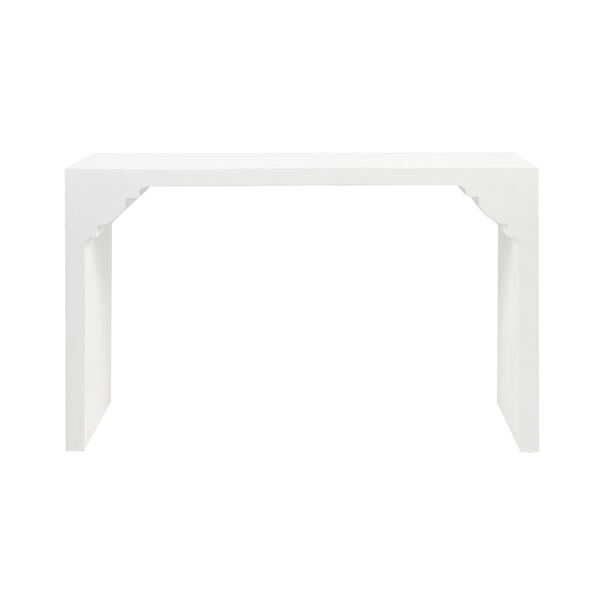 The Made Goods Felton Designer White Console in Faux Jute features a minimalistic design with straight legs and subtle crown molding.