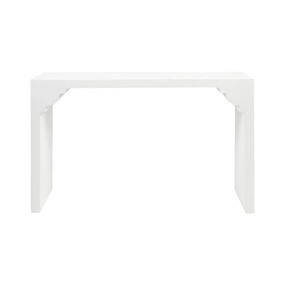The Made Goods Felton Designer White Console in Faux Jute features a minimalistic design with straight legs and subtle crown molding.