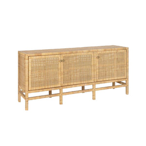 A Made Goods Isla Buffet, 80" with three cabinet doors and a rectangular shape, featuring a natural peeled rattan finish and gold knobs.