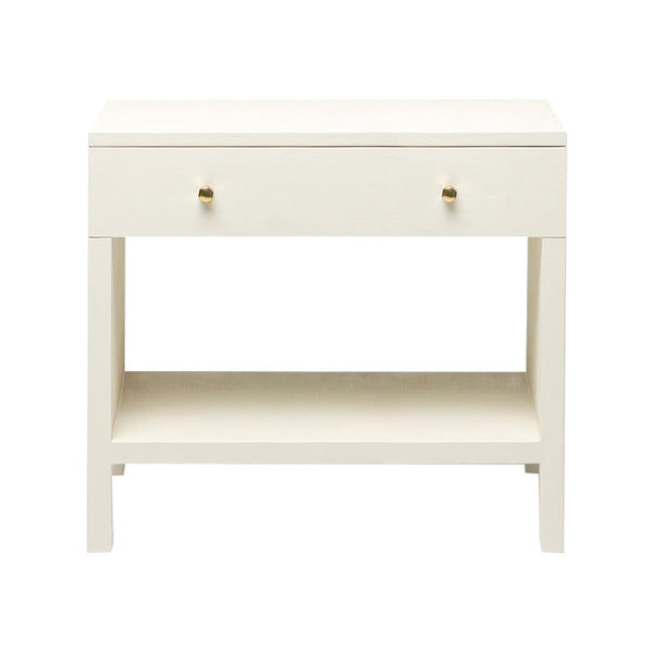 A Made Goods Maris Double Nightstand in White Faux Belgian Linen with two drawers featuring an elevated design.