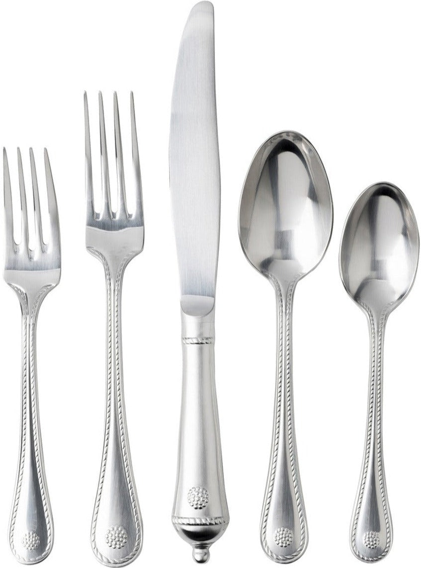 The Juliska Berry & Thread 5 Piece Flatware Set in Bright Satin, featuring two forks, a knife, and two spoons, is displayed in a row on a white background to highlight its rustic yet refined design.