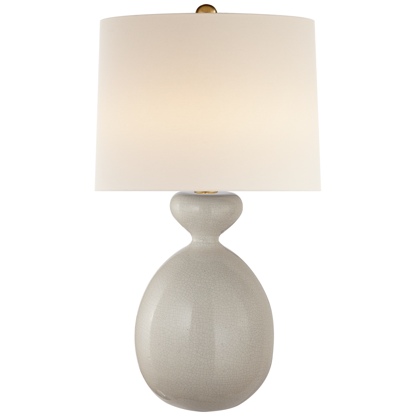 A Gannet Table Lamp, Bone Craquelure by Visual Comfort with a white oval base and a round white lampshade, featuring an adjustable dimmer for customizable wattage.