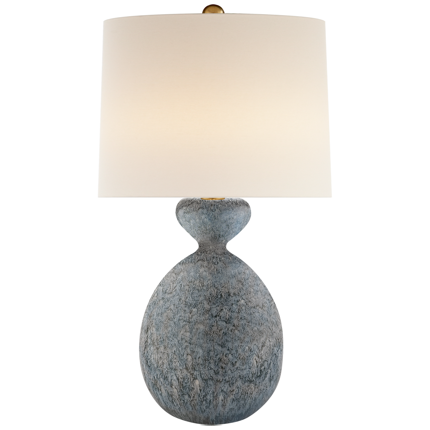 A textured, Gannet Table Lamp in Blue Lagoon with an oval base and a large white lampshade, featuring an E26 dimmer, set against a neutral background. Brand: Visual Comfort.