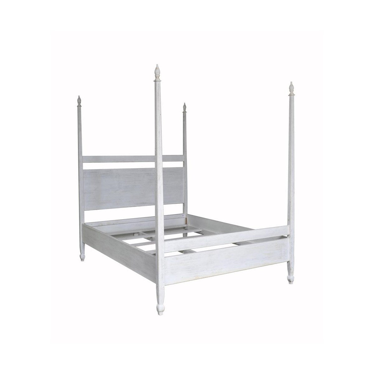 The Four Poster Whitewash Venice Bed, Queen by Noir features an elegantly white-washed design with simple, tapered posts, displayed against a plain background.