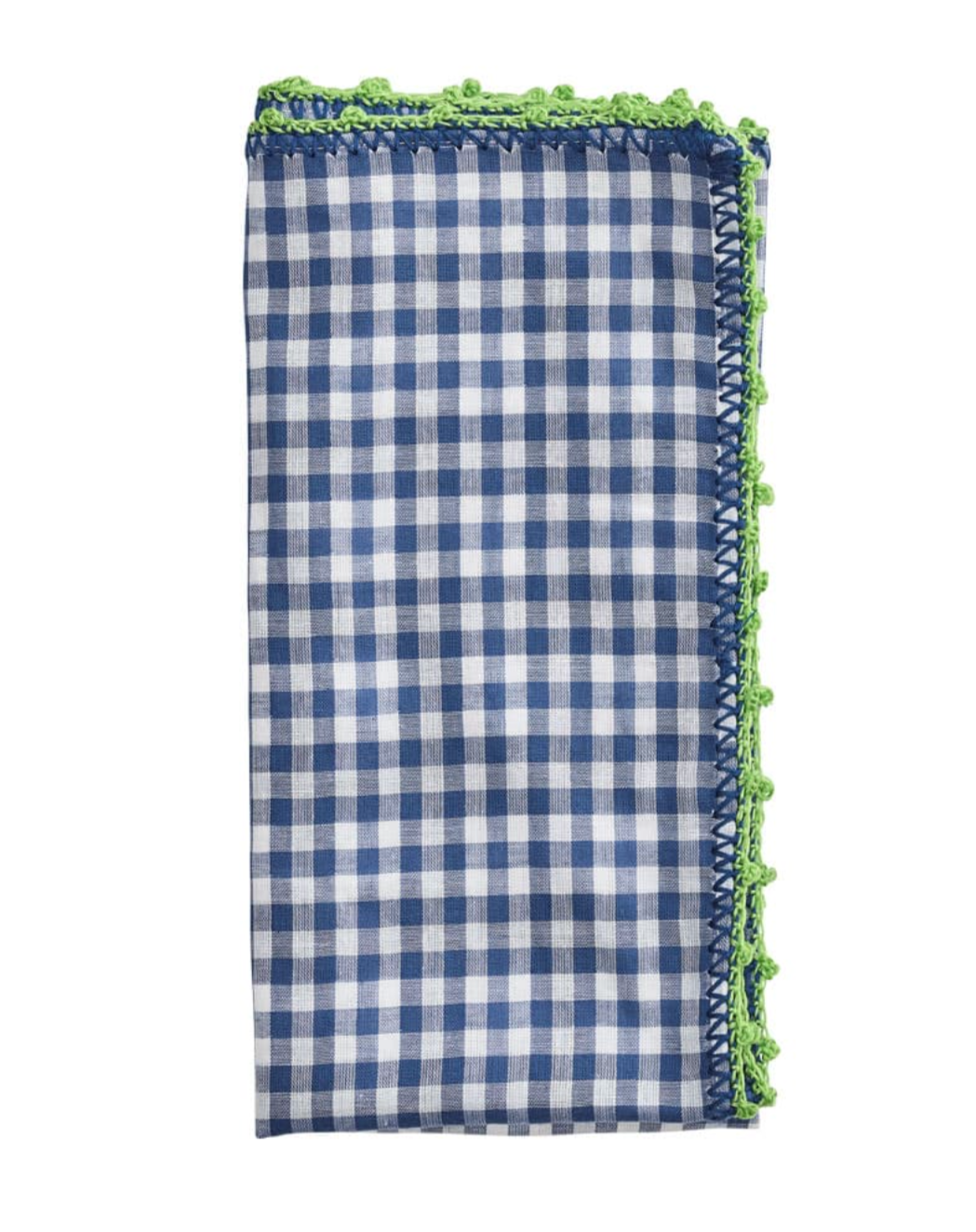 The Kim Seybert Gingham Check Napkin Set features folded cotton napkins in a blue checkered pattern with green crochet edges, displayed against a white background.