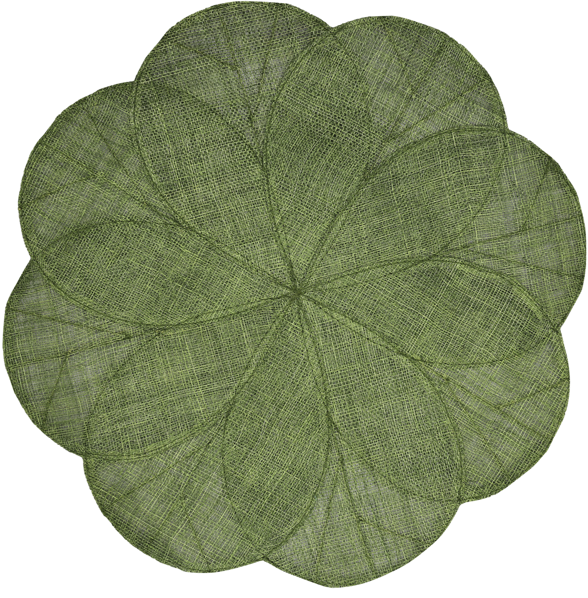 The Sinamay Flower Placemat Collection Set by Deborah Rhodes features round, green placemats with a textured overlapping leaf design, crafted from woven abaca fibers for an elegant, natural look.