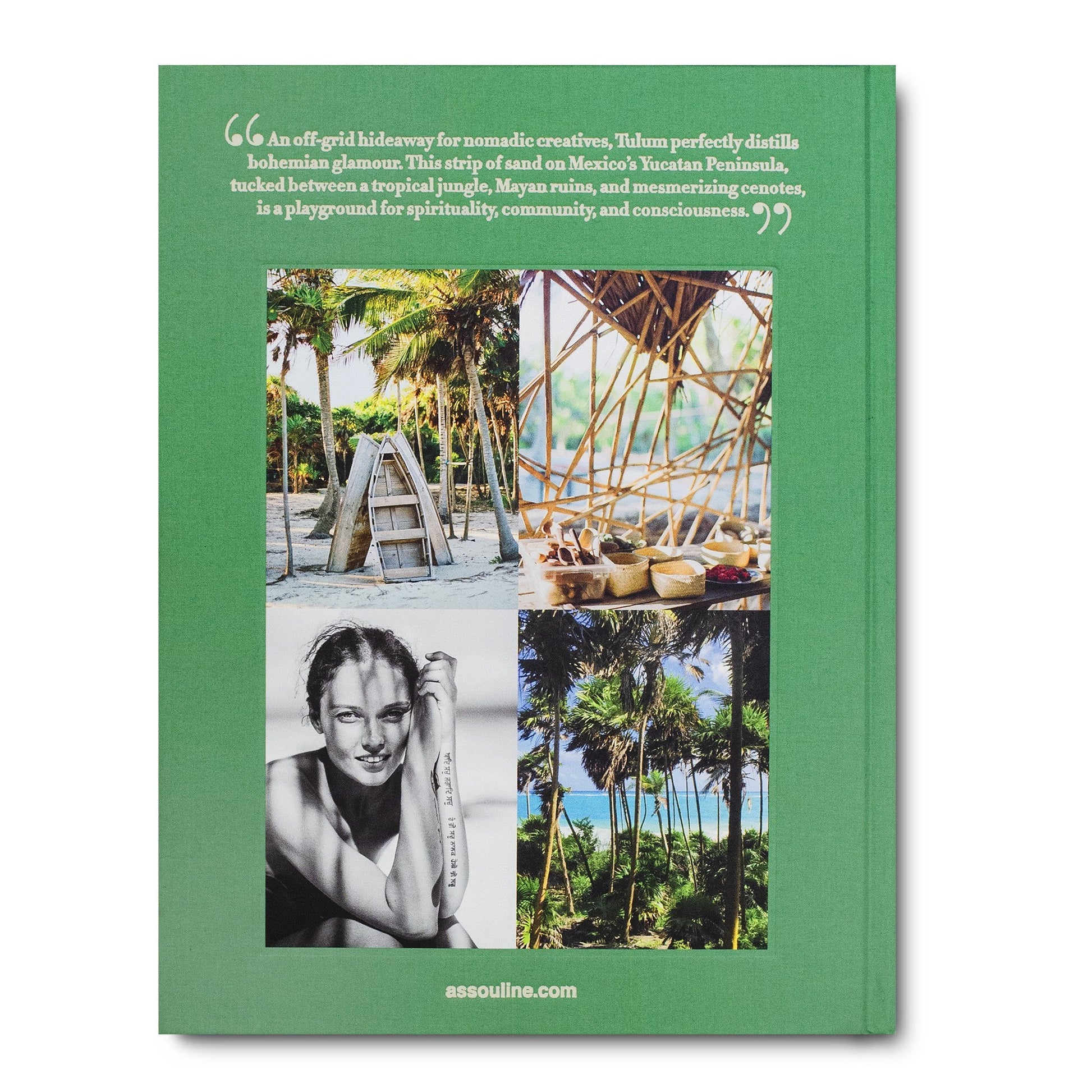 Promotional material for a Tulum Gypset getaway in Tulum, featuring quotes, images of a beach setting, an eco-friendly thatched structure, and a smiling woman embracing the bohemian lifestyle by Assouline.