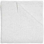 The Stitched Moss Coverlet by John Robshaw is a folded white cotton voile quilt, detailed with short, horizontal green stitches—a striking hand-stitched piece.