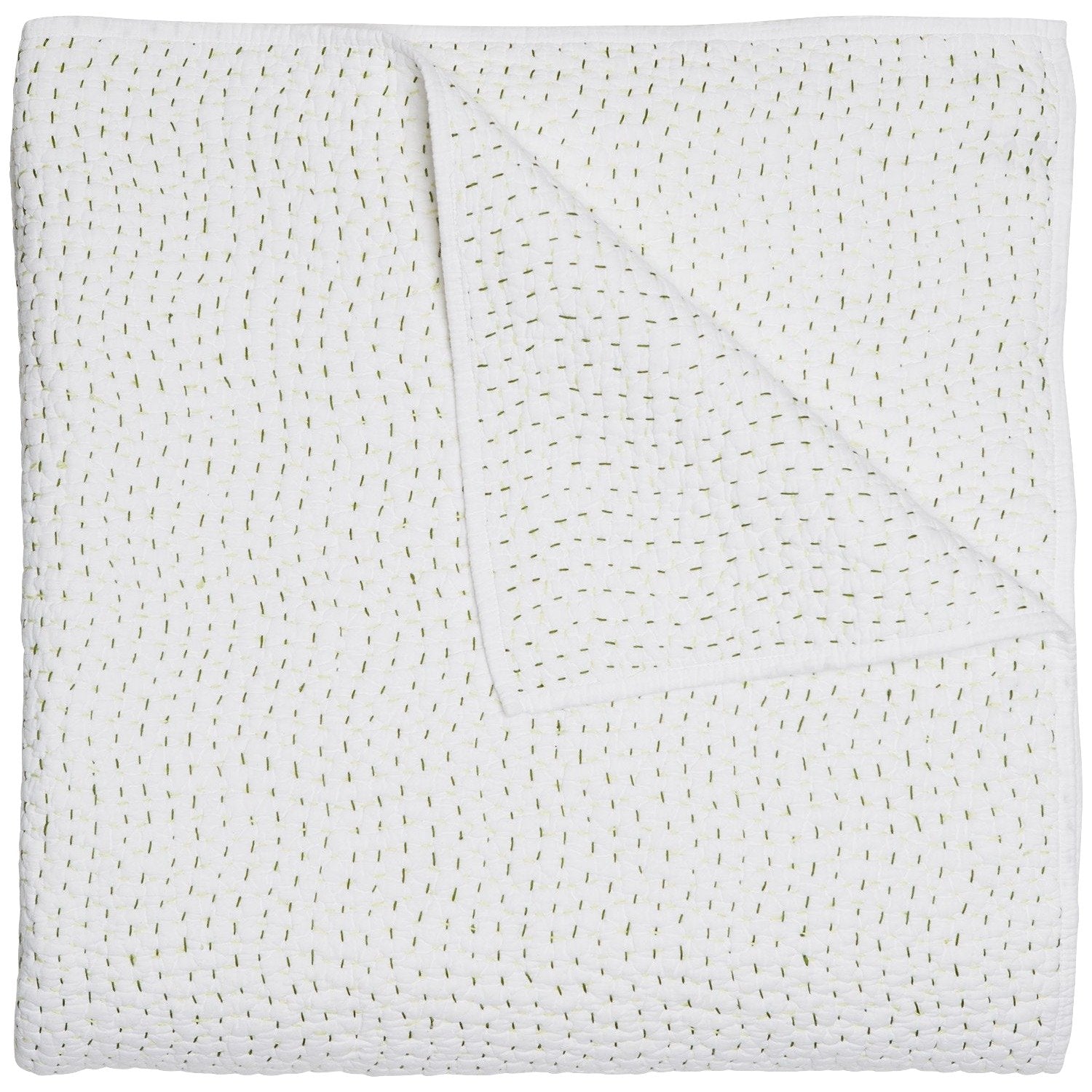 The Stitched Moss Coverlet by John Robshaw is a folded white cotton voile quilt, detailed with short, horizontal green stitches—a striking hand-stitched piece.