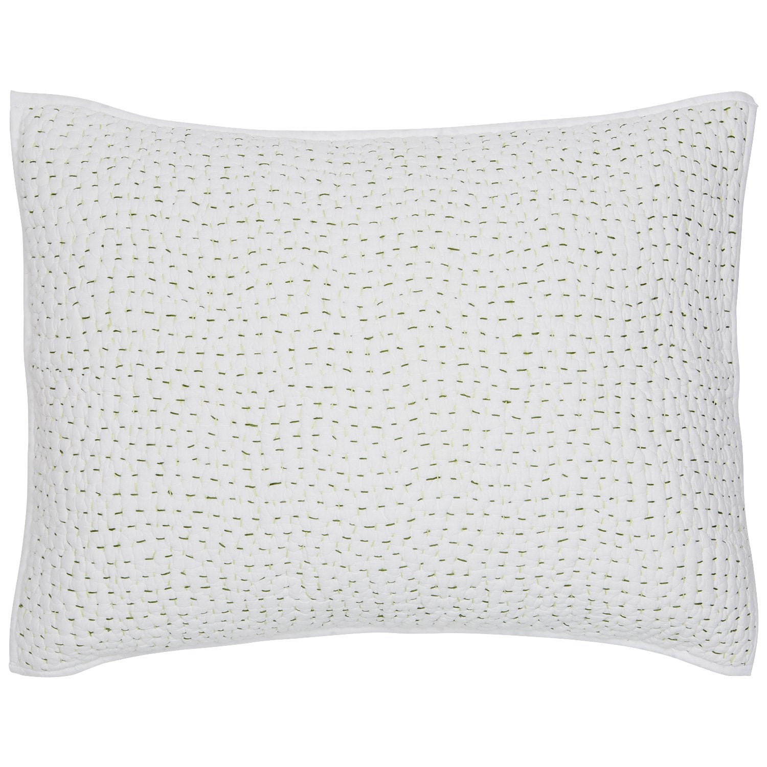 The Stitched Moss Sham by John Robshaw is a white rectangular pillow featuring a subtle grid-like stitched pattern, made from 100% cotton in India, shown against a plain white background.