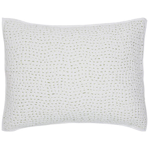 The Stitched Moss Sham by John Robshaw is a white rectangular pillow featuring a subtle grid-like stitched pattern, made from 100% cotton in India, shown against a plain white background.