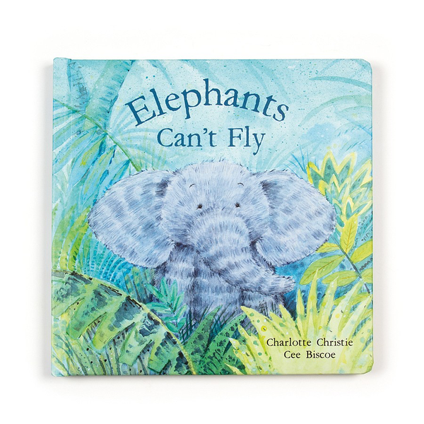 Elephants can't fly book from Jellycat. Blue elephant against a tropical rainforest background.