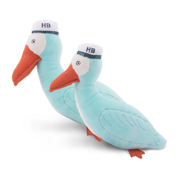 Two Harry Barker Pelican Plush Dog Toys, Small with bell boy caps on their heads.