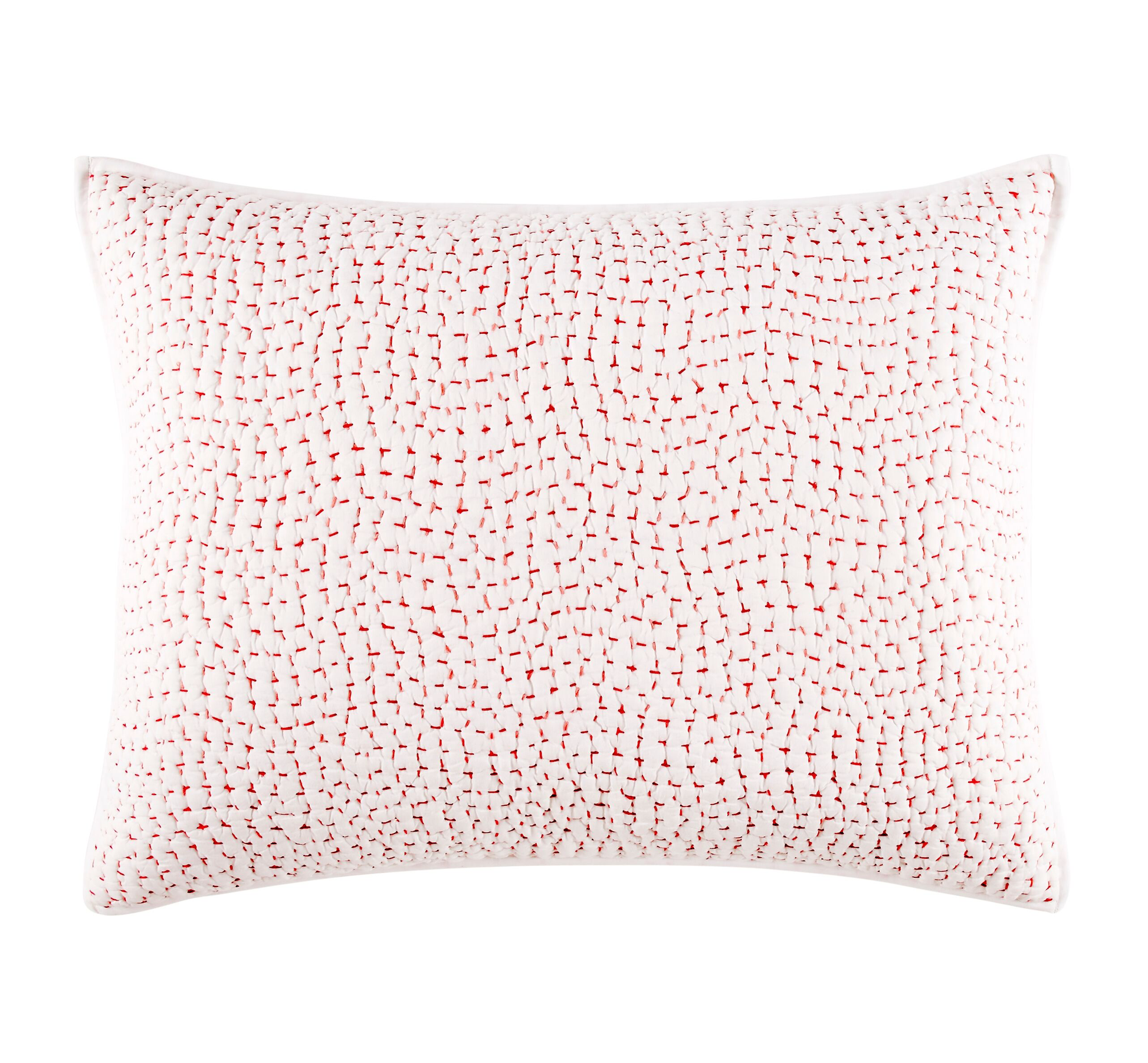 The Stitched Lotus Sham by John Robshaw features a white 100% cotton design with small, evenly spaced red dashes and dots, perfect for pairing with hand-stitched coverlets for a cozy, layered look.