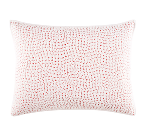 The Stitched Lotus Sham by John Robshaw features a white 100% cotton design with small, evenly spaced red dashes and dots, perfect for pairing with hand-stitched coverlets for a cozy, layered look.