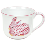 A Herend Bunny Mug, Pink with a red bunny on it.