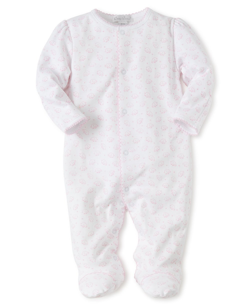 A Kissy Kissy Ele-Fun Footie, a 100% Pima Cotton baby girl's pink and white footed pajama with mitten-cuffs.