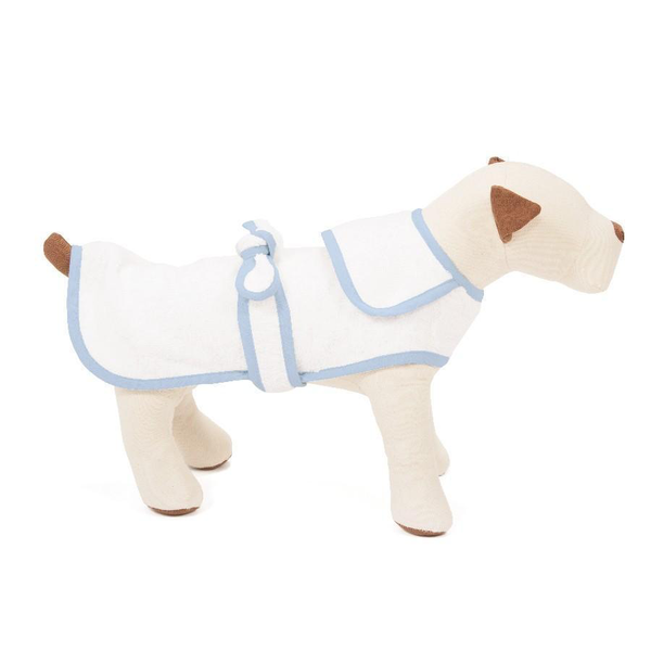 A white pup wearing a Blue Terry Cloth Dog Robe, Medium by Harry Barker.