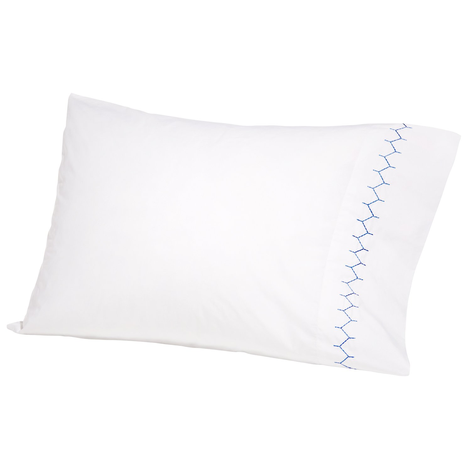 The Stitched Light Indigo Pillowcase Pair by John Robshaw features a blue embroidered zigzag on soft cotton percale, shown against a plain white background.
