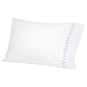 The Stitched Light Indigo Pillowcase Pair by John Robshaw features a blue embroidered zigzag on soft cotton percale, shown against a plain white background.