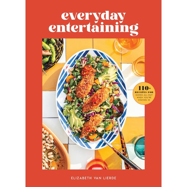 Cover of "Everyday Entertaining by Elizabeth Van Lierde" cookbook by Common Ground, featuring a colorful table setting with a dish of fish and salad, perfect for holiday hosting.
