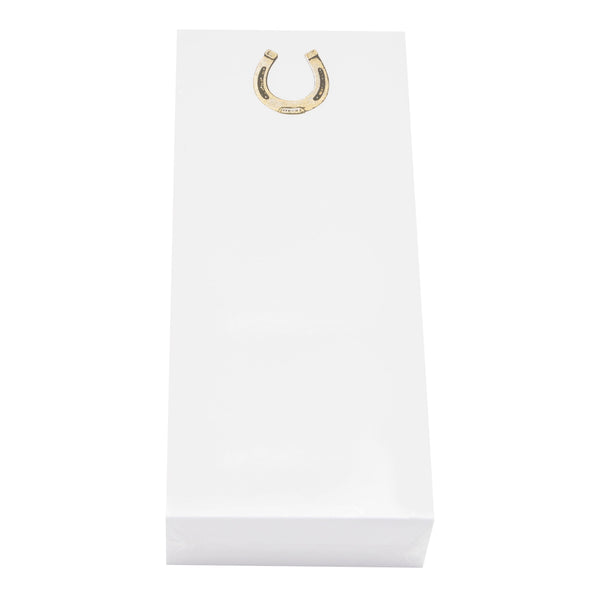 A chic gift bag is designed from smooth white cardstock and boasts an eye-catching gold horseshoe motif near the top.