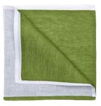 The Deborah Rhodes Resort Two-Tone Napkin Set features folded green linen napkins with white borders, shown partly unfolded to reveal both sides—ideal for bringing vibrant color to your summer table.